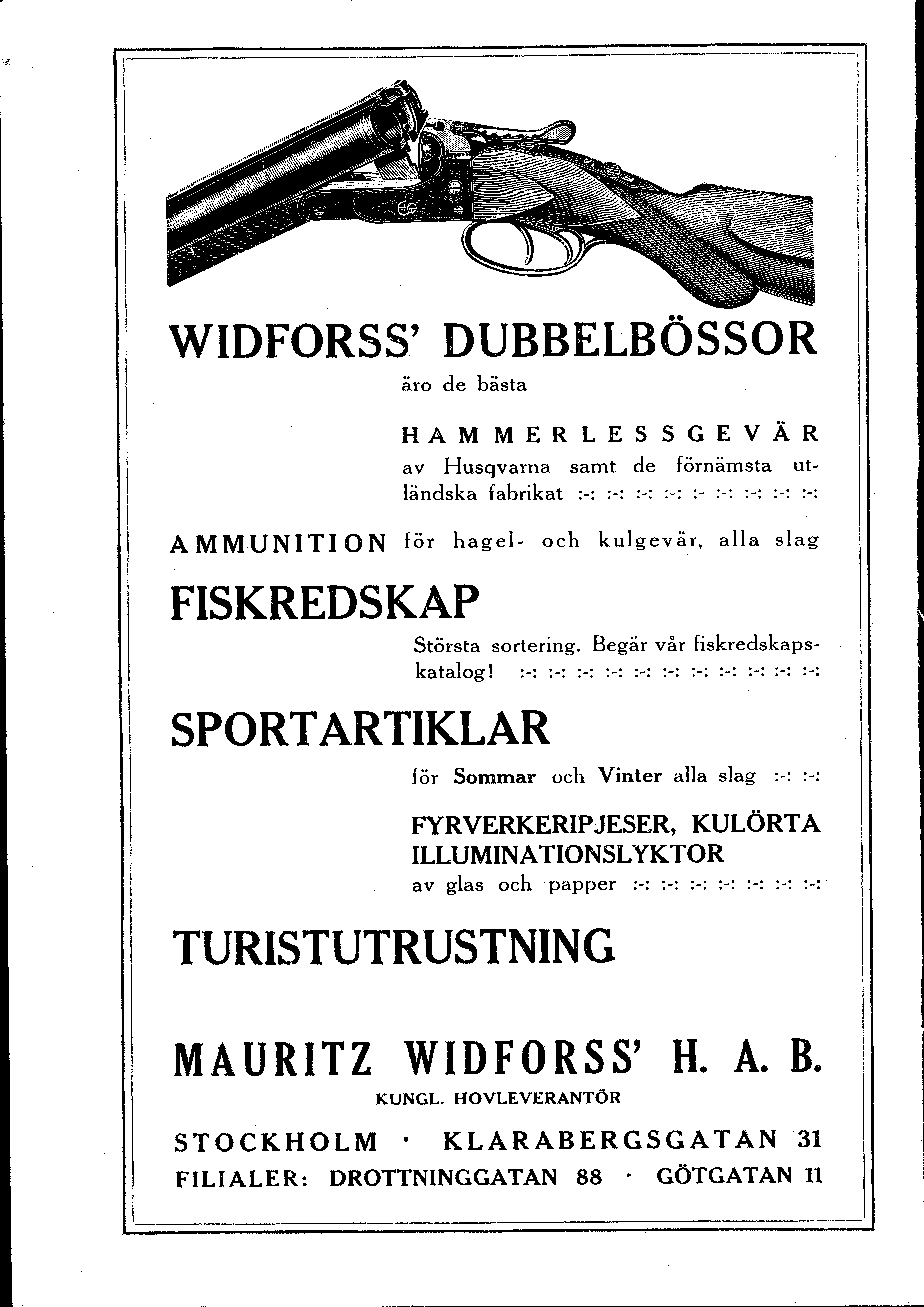 Annons från 1920 med illustrerad dubbelbössa och namnet Mauritz Widforss Handelsaktiebolag.