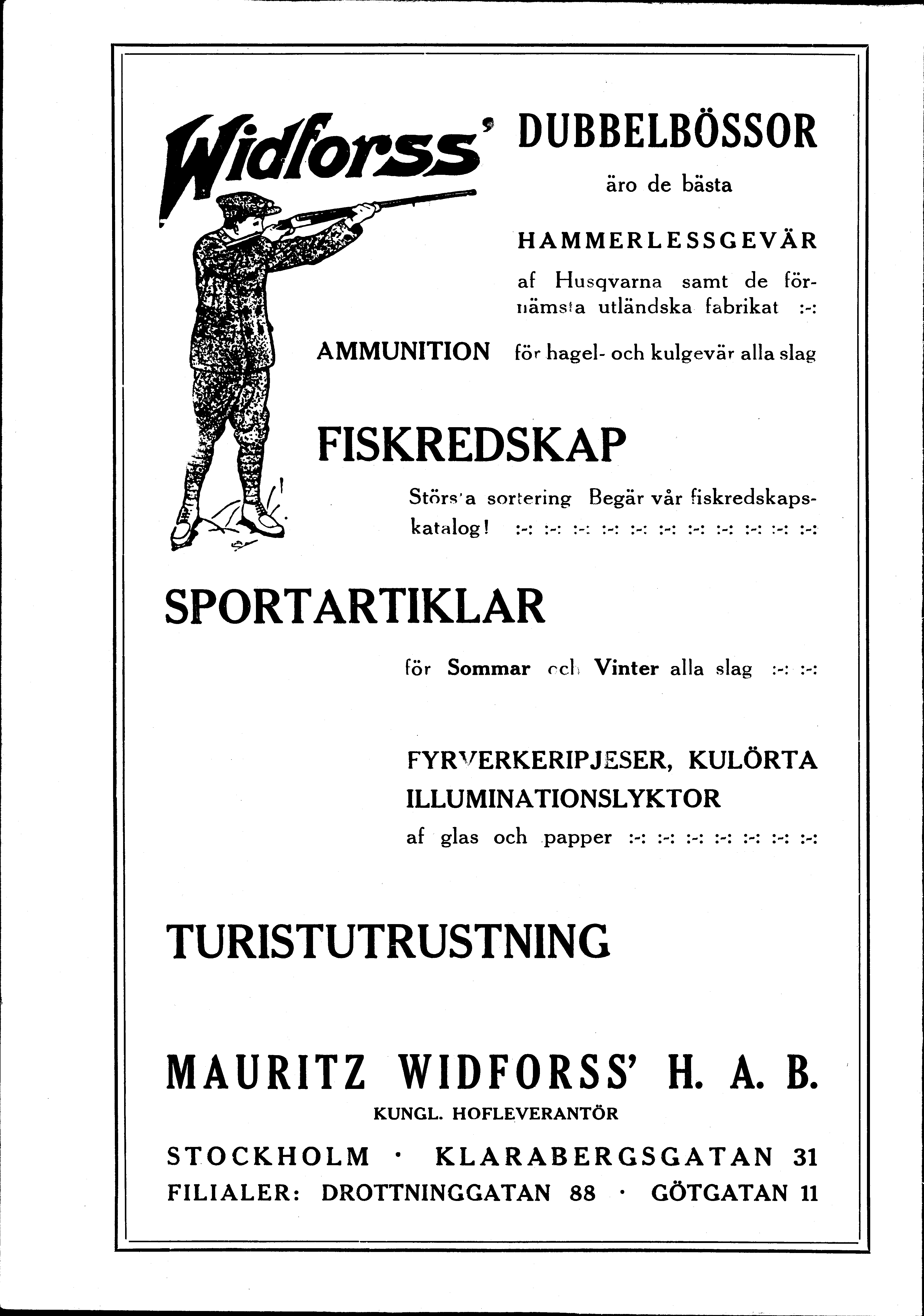 Widforss annons från 1919 med tecknad jägare och rubriken Widforss dubbelbössor.